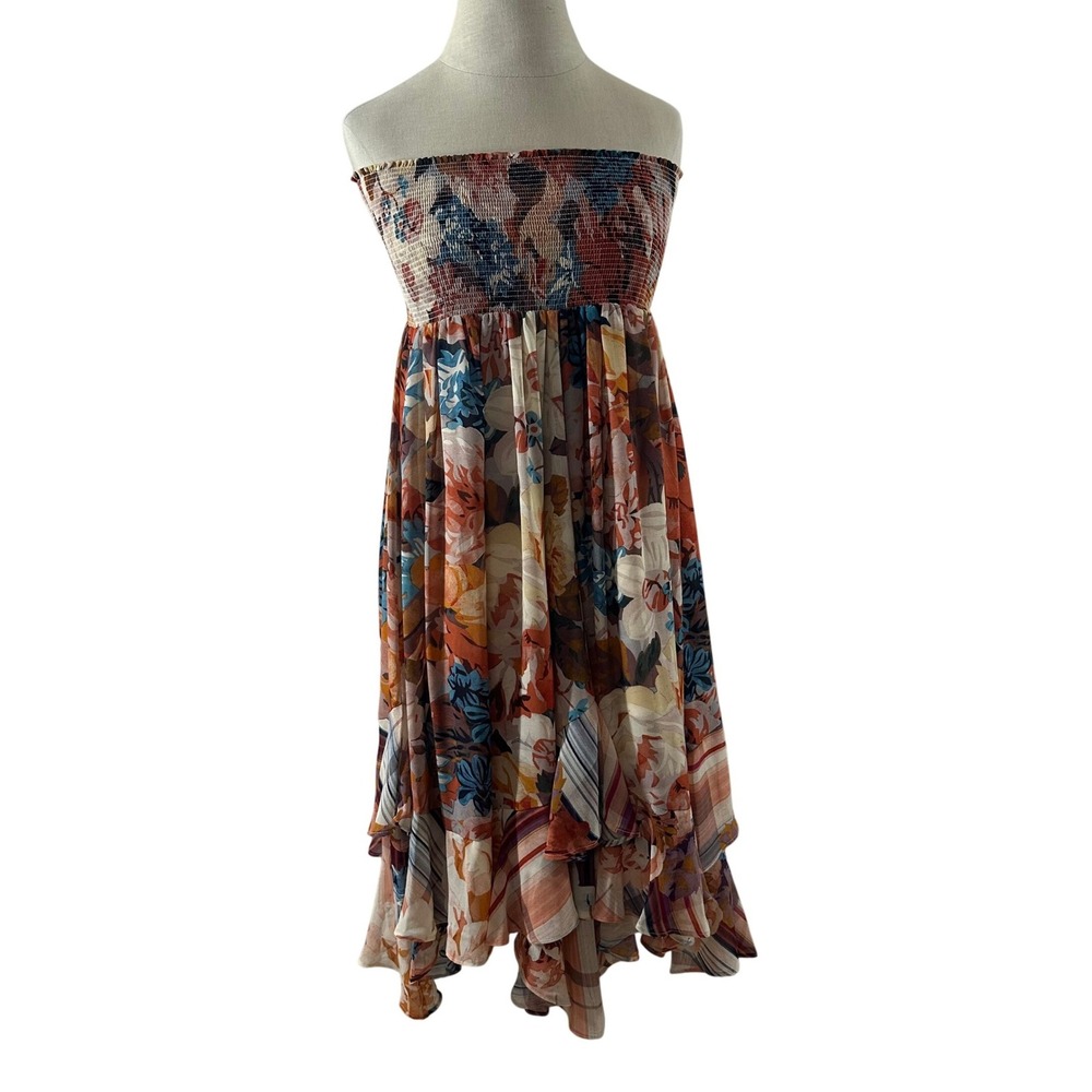 Akemi + Kin Anthropologie Strapless Smocked Floral Plaid High Low Midi Dress M